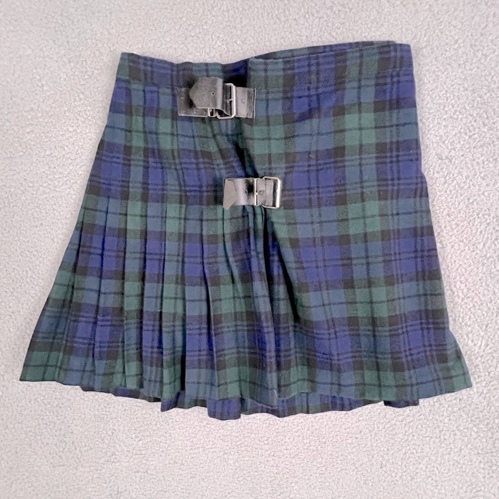 WOOL WOMENS PLEATED SKIRT BLUE GREEN CHECK WITH 3 BUCKLES SIZE 24